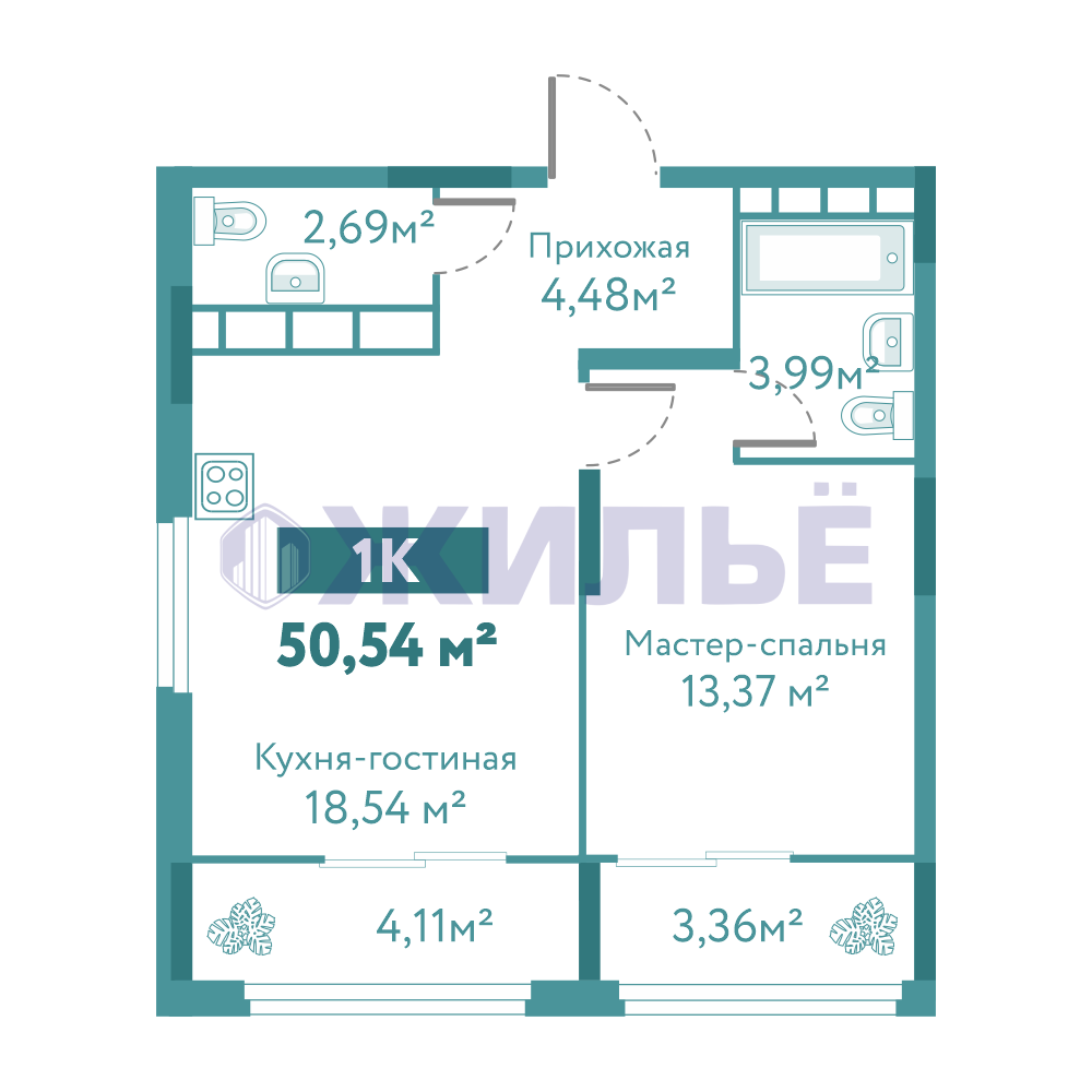 1-к квартира в ЖК «Акватория», 50 кв.м., Павла Никольского 10, корпус 1  Новостройки в Тюмени — Агентство Недвижимости Жильё