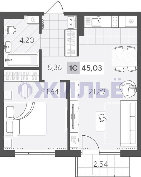 фото 1-к квартира в Скандиа. Квартал у озера, 45 кв.м., Сергея Свиридова, 11