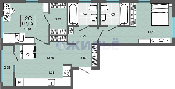 фото 2-к квартира в ЖК «ЖК Энвилль», 62 кв.м., Алексея Маресьева, 37/1