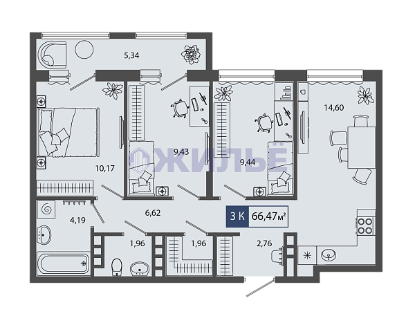 фото 3-к квартира в ЖК «МК Смородина», 66 кв.м., ул. Владимира Соболевского, д. 5