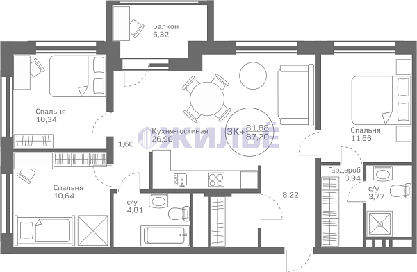 фото 3-к квартира в , 81 кв.м., Микрорайон Мыс