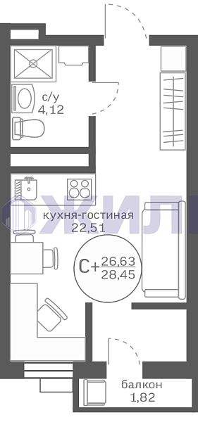 фото Студия в , 26 кв.м., ул. Александра Пушкина, 16