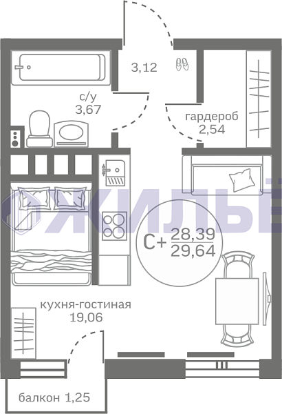 фото Студия в , 28 кв.м., ул. Александра Пушкина, 16
